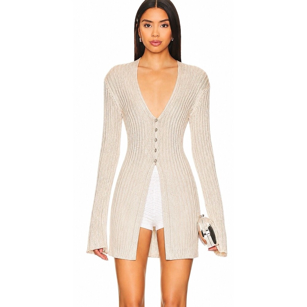 Free People Vie Boheme Cardi Sandcastle Tan Ribbed Knit Slit Cardigan Large L